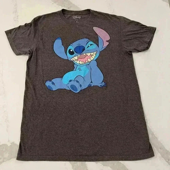 Disney Lilo & Stitch Gray Graphic T Shirt Stitch Winking Adult Size Large - Picture 1 of 4
